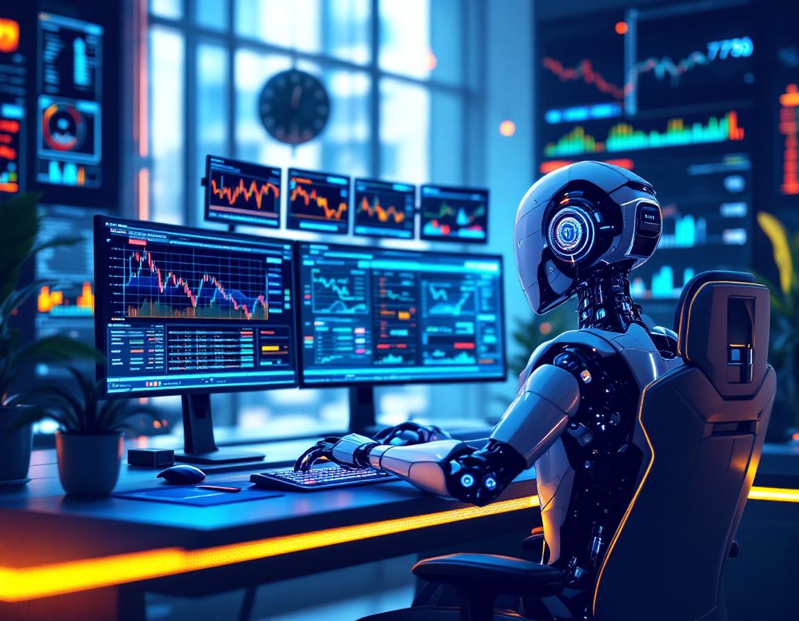 A humanoid AI trading bot analyzing market data at a high-tech workstation with glowing screens.