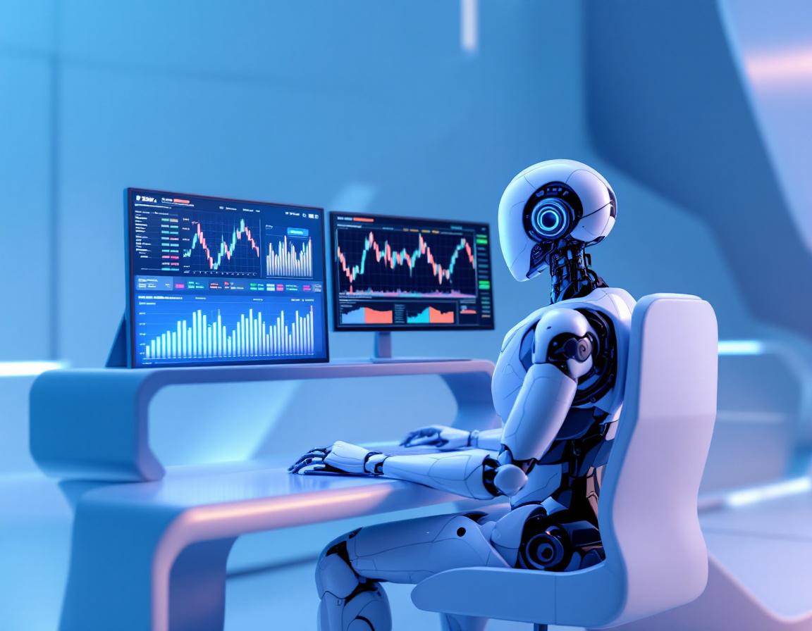 A hyper-realistic AI trading bot at a workstation, analyzing crypto data across multiple screens.