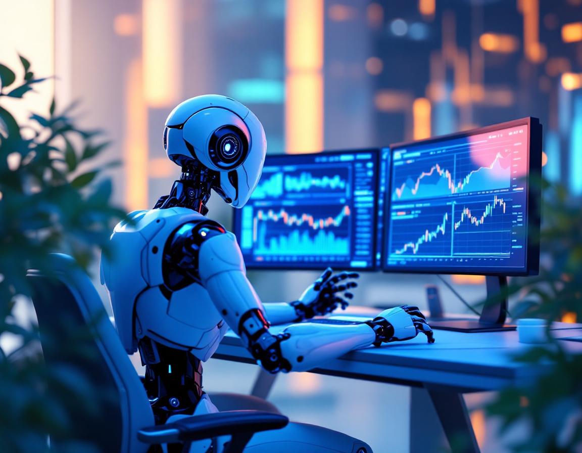 A hyper-realistic AI trading bot in a high-tech workspace analyzing crypto and stock market data.
