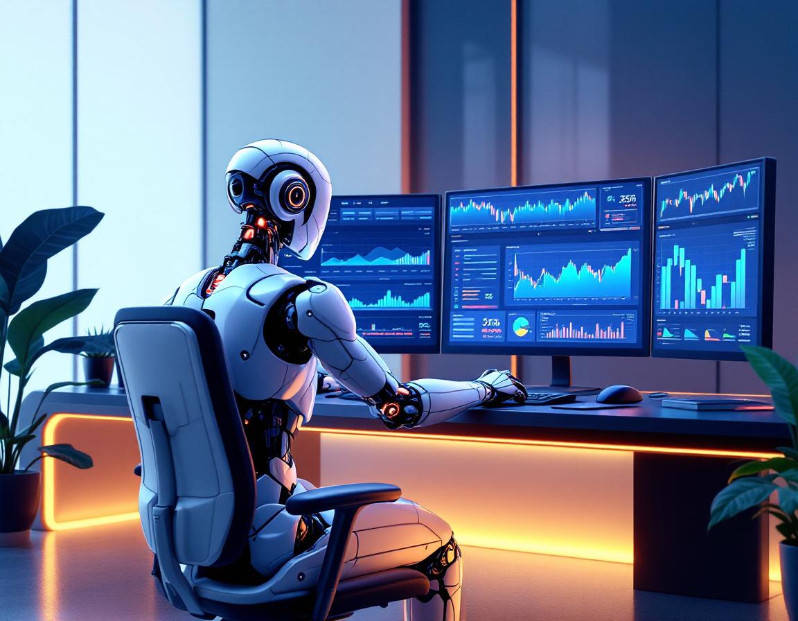 A hyper-realistic AI trading bot analyzes data at a futuristic workstation with glowing screens.