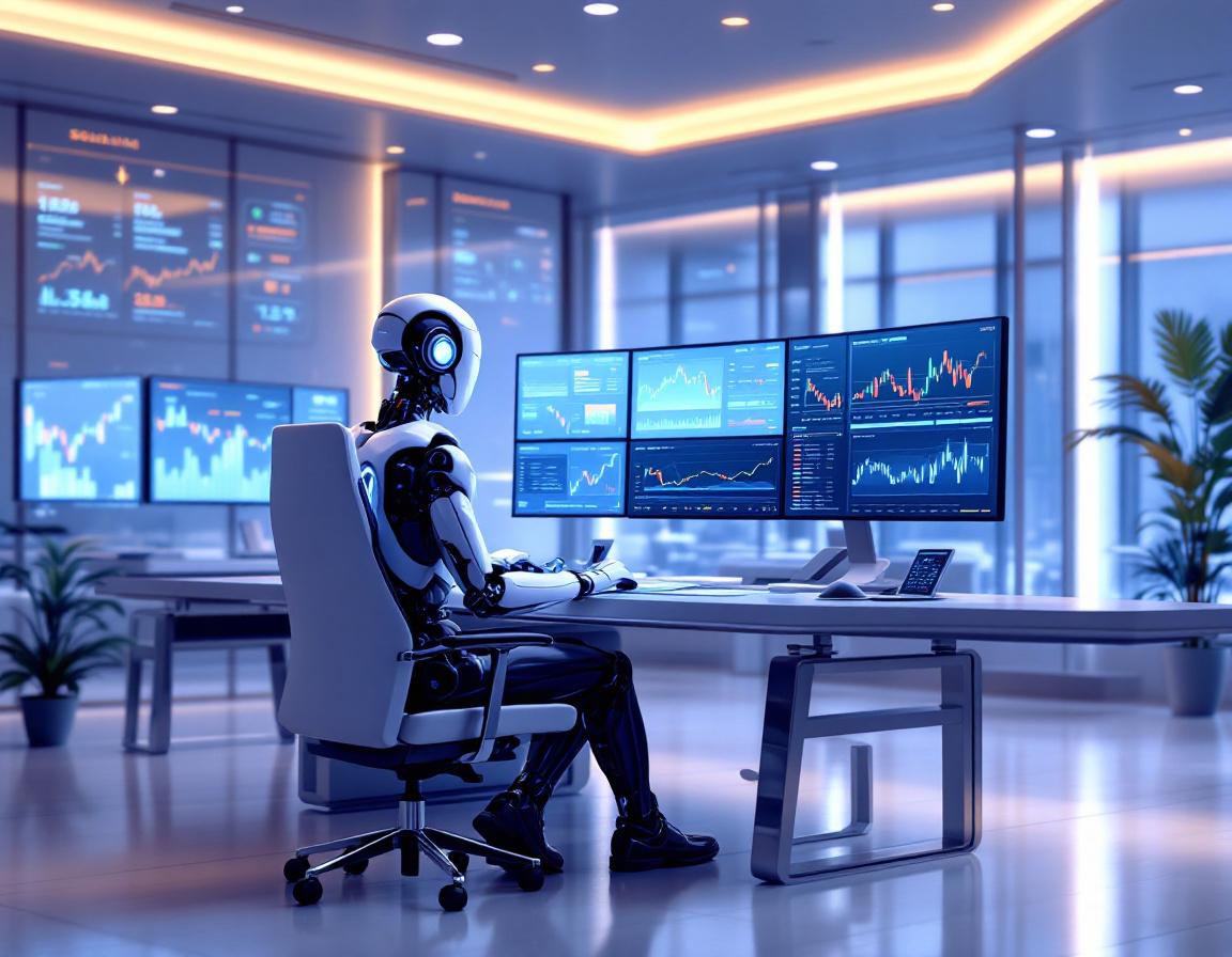 A humanoid AI trading bot at a high-tech workstation, analyzing market data on multiple screens.