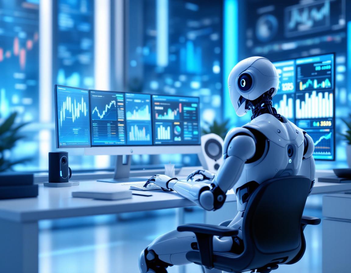 A humanoid AI trading bot at a high-tech workstation, analyzing market data on multiple screens.