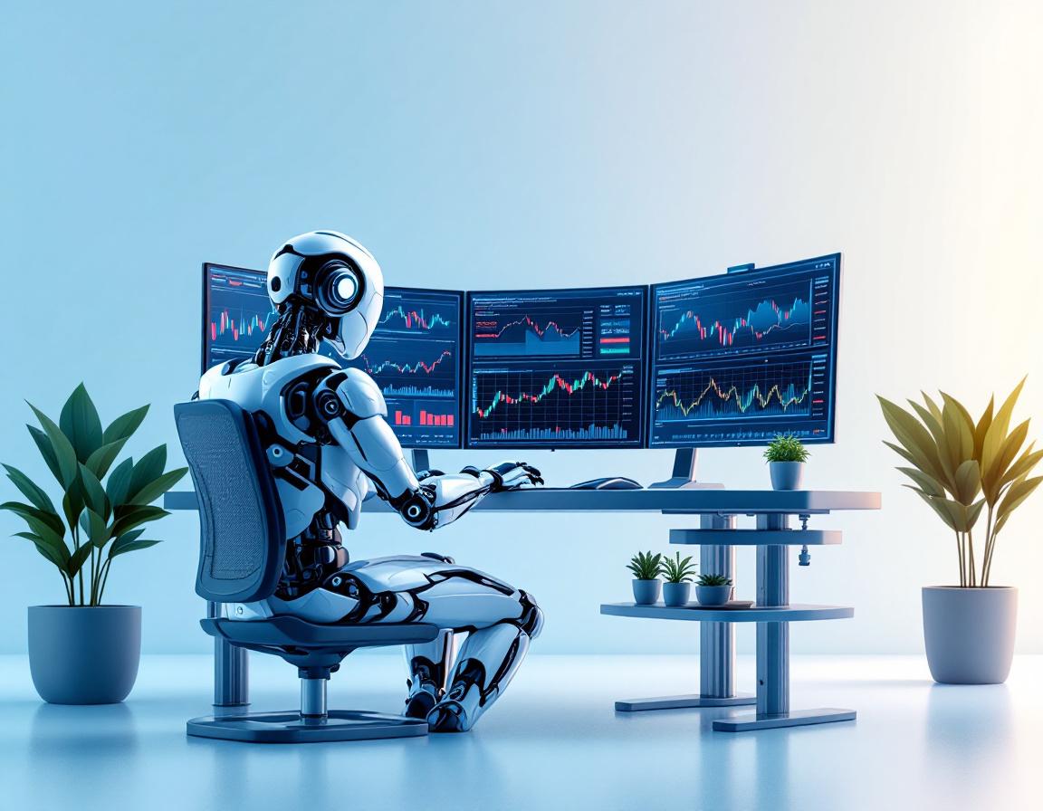 A hyper-realistic AI trading bot at a workstation, analyzing market data on multiple screens in 3D.