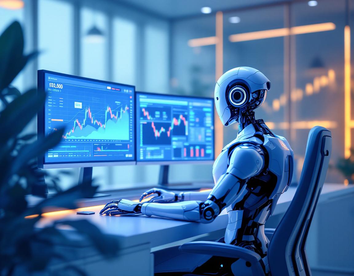 A humanoid AI trading bot analyzes market data at a high-tech workstation with multiple screens.