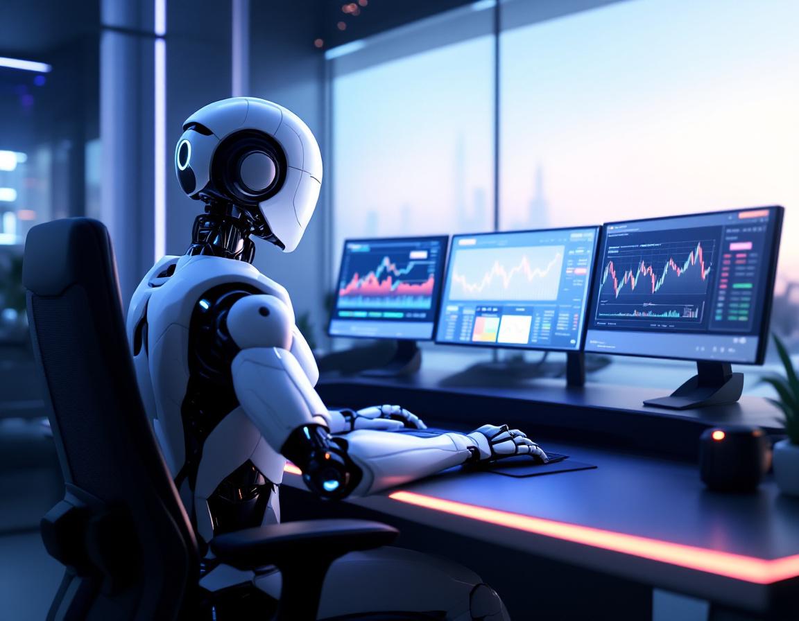 A humanoid AI trading bot analyzes market data at a sleek workstation, surrounded by vivid screens.