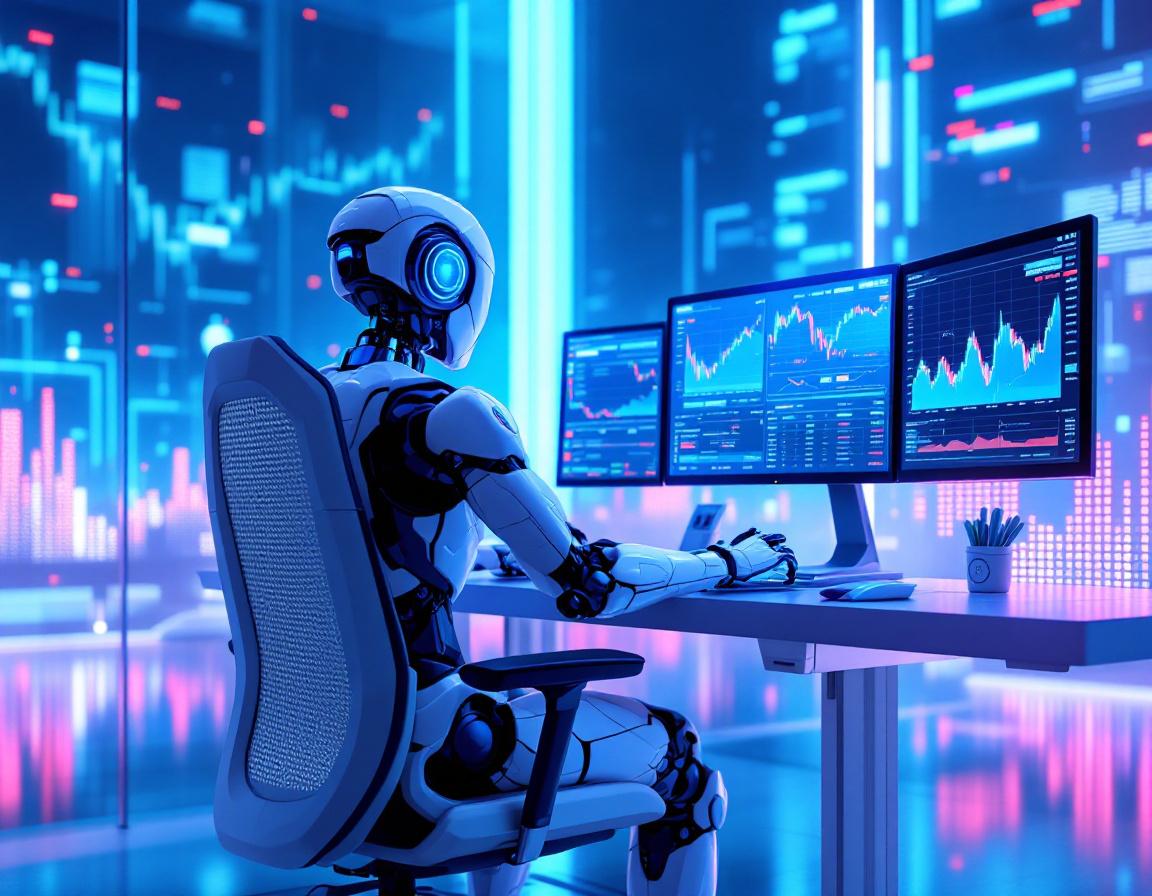 A humanoid AI trading bot at a futuristic workstation analyzing crypto data on multiple screens.