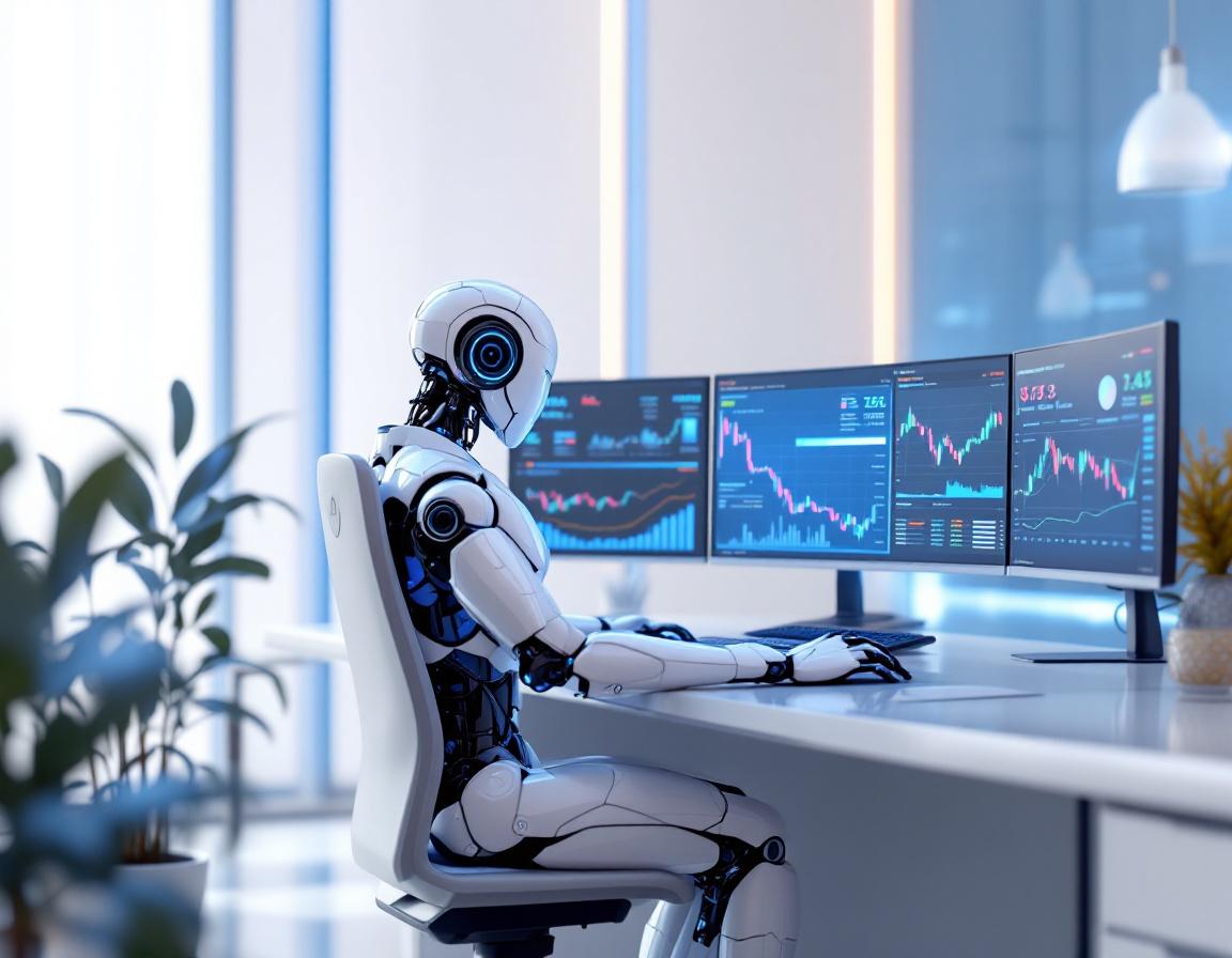 A hyper-realistic AI trading bot at a sleek workstation, analyzing market data on multiple screens.