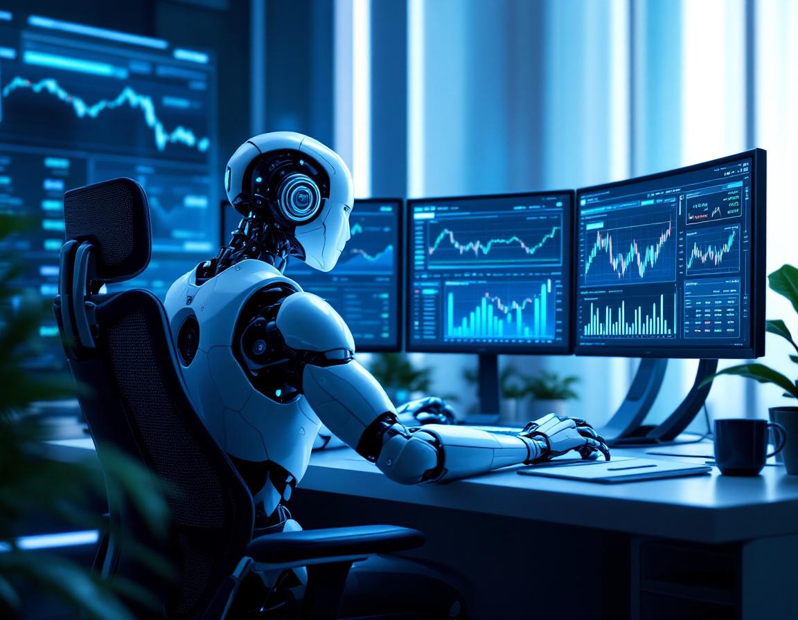 A humanoid AI trading bot at a workstation analyzes market data, surrounded by high-tech screens.