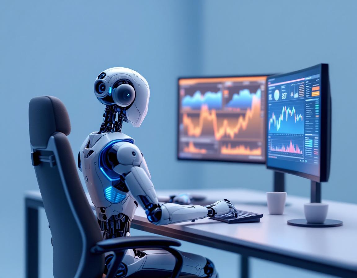 A humanoid AI trading bot at a high-tech workstation, analyzing market data on multiple screens.