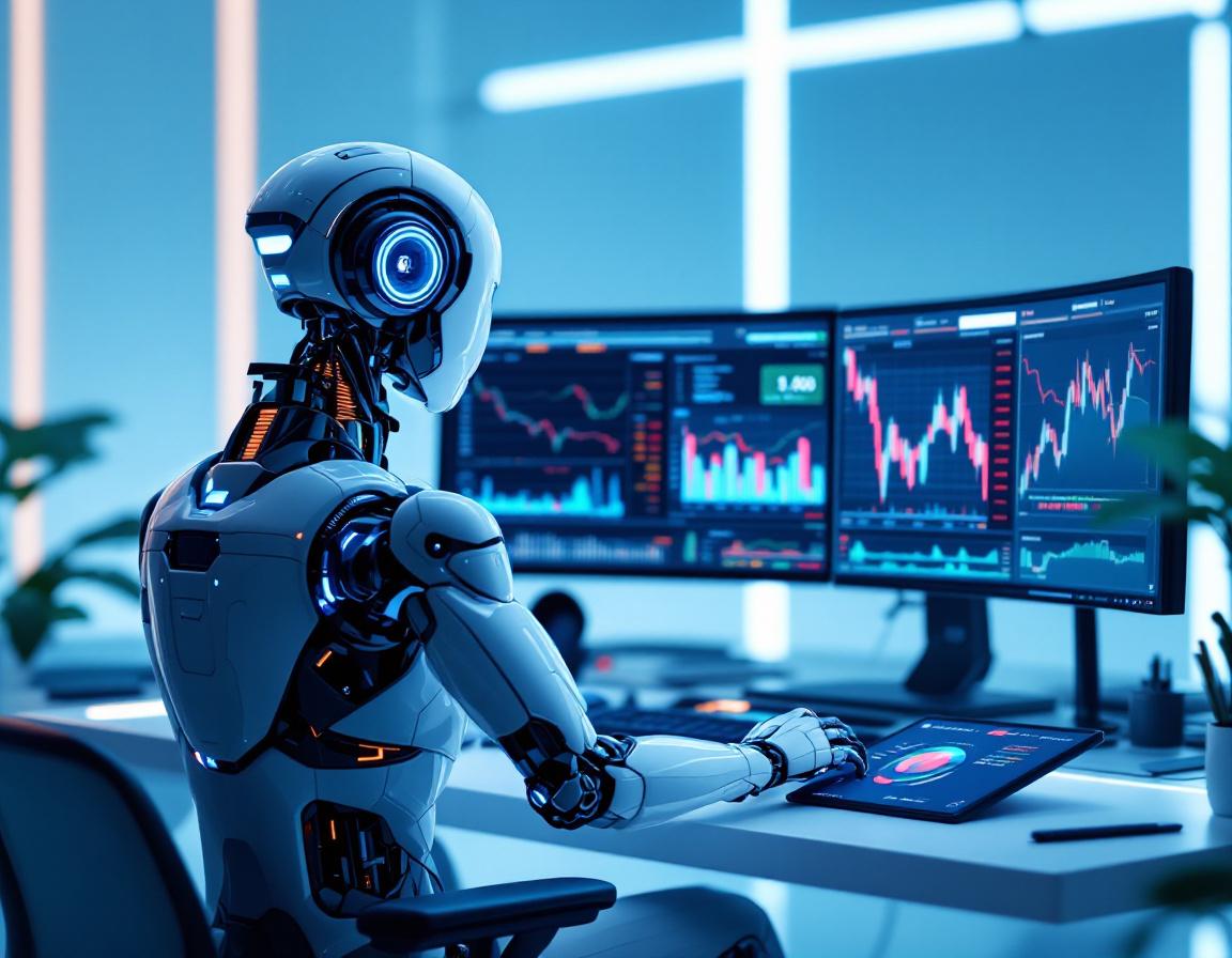 A humanoid AI trading bot analyzes market data at a high-tech workstation surrounded by screens.