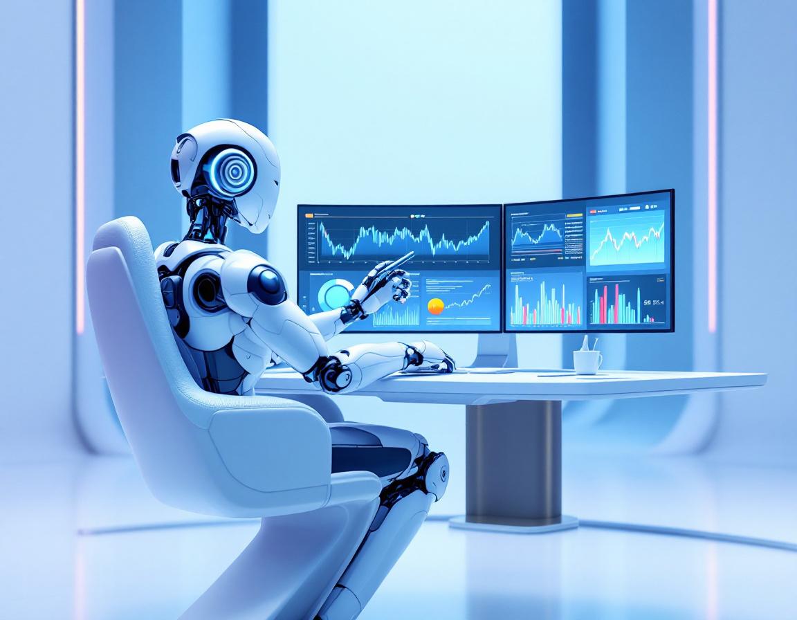 A sleek humanoid AI trading bot analyzes market data at a high-tech workspace with glowing screens.