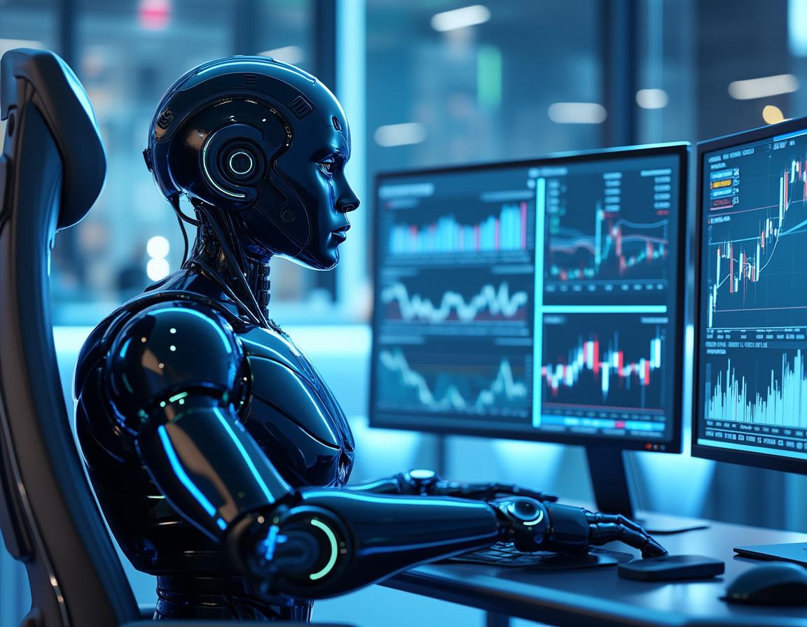 A hyper-realistic AI trading bot at a sleek workstation analyzes multiple stock and crypto charts.