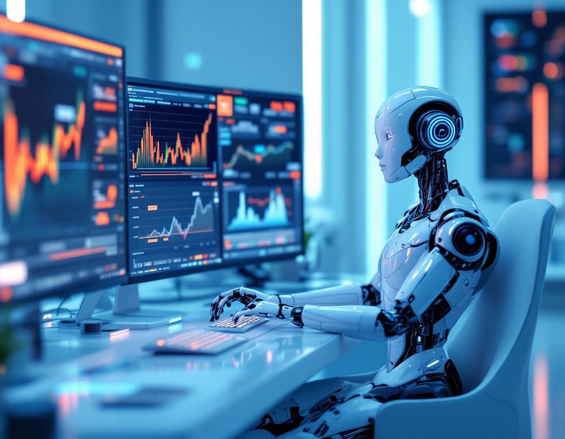 A hyper-realistic AI trading bot at a futuristic workstation analyzing stock and crypto market data.