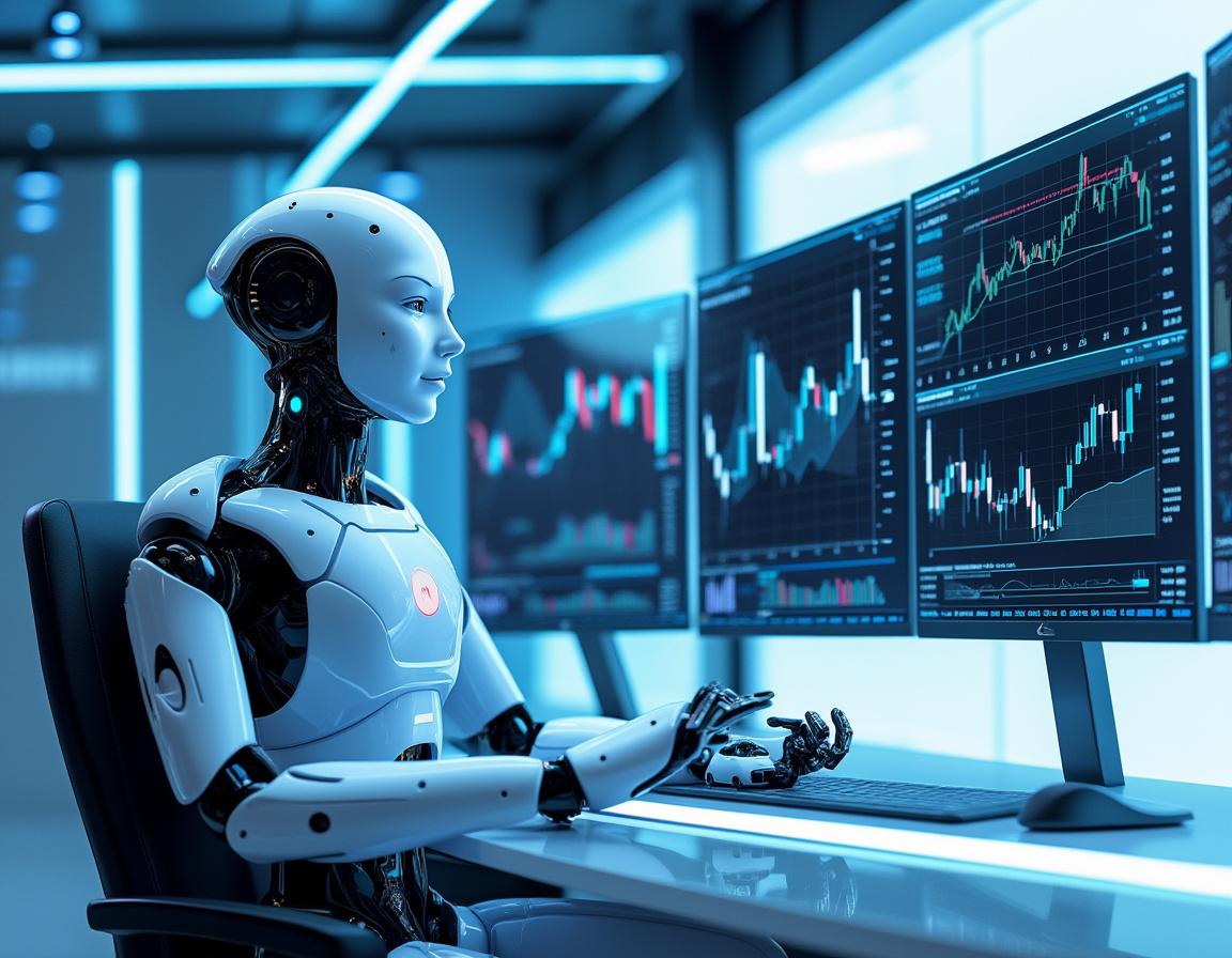 A hyper-realistic AI trading bot at a sleek workstation analyzing market data on multiple screens.