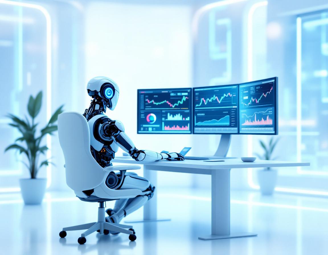 A hyper-realistic AI trading bot at a workstation analyzing stock charts in a futuristic setting.