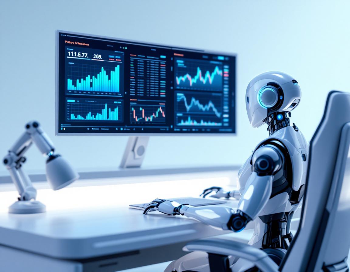 A hyper-realistic AI trading bot at a sleek workstation, analyzing market data on multiple screens.