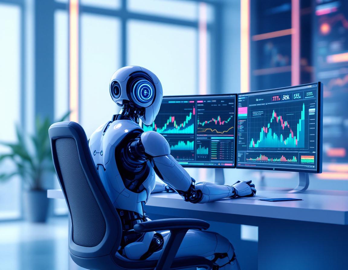A humanoid AI trading bot analyzes market data at a high-tech workstation, surrounded by screens.