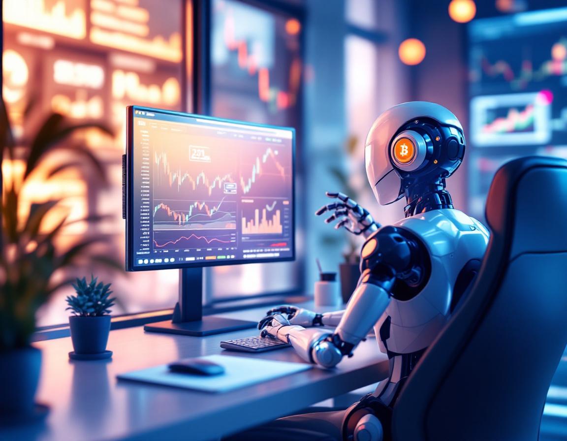 A humanoid AI trading bot analyzes market data at a high-tech workstation with multiple screens.