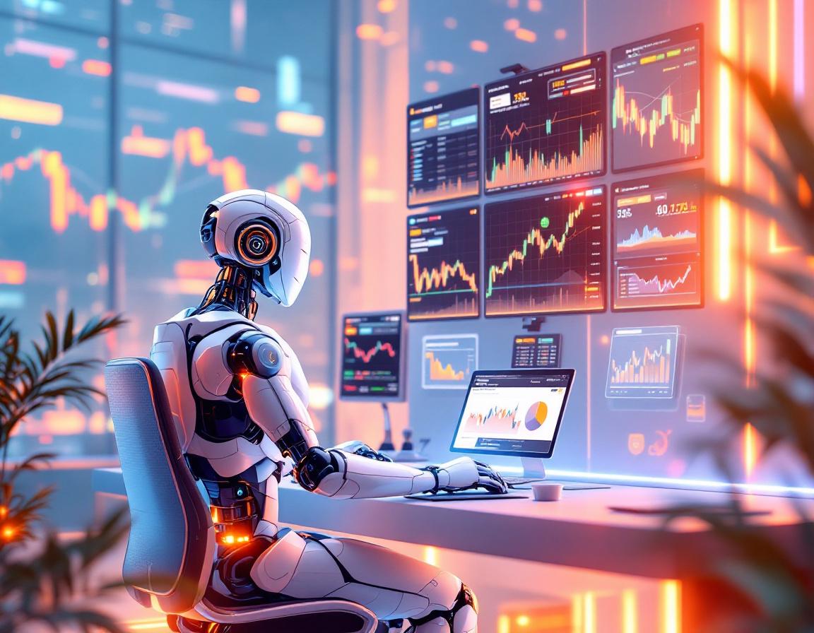 A humanoid AI trading bot analyzes market data at a futuristic workstation with multiple screens.