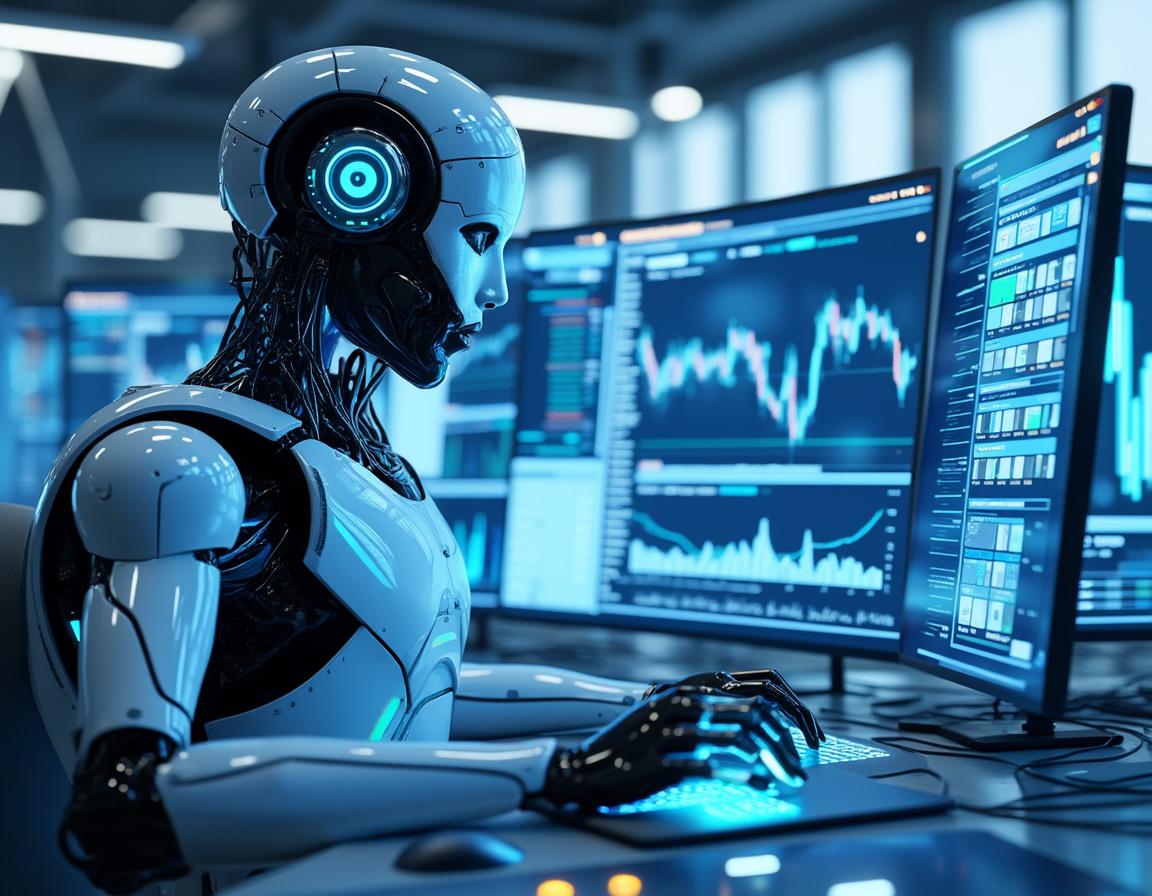 A humanoid AI trading bot analyzes market data at a high-tech workstation with multiple screens.