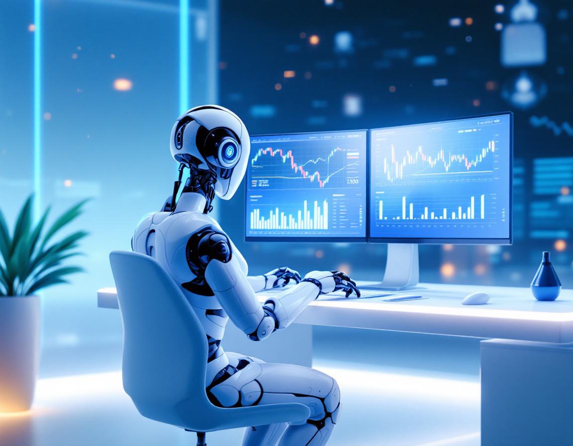 A hyper-realistic AI trading bot in a futuristic workspace analytics crypto and stock market data.