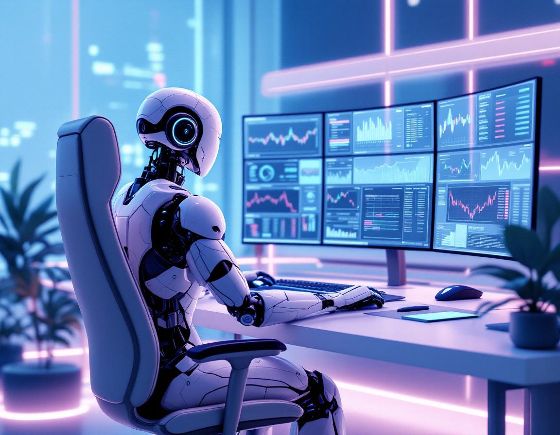 A humanoid AI trading bot at a high-tech workstation analyzing market data on multiple screens.