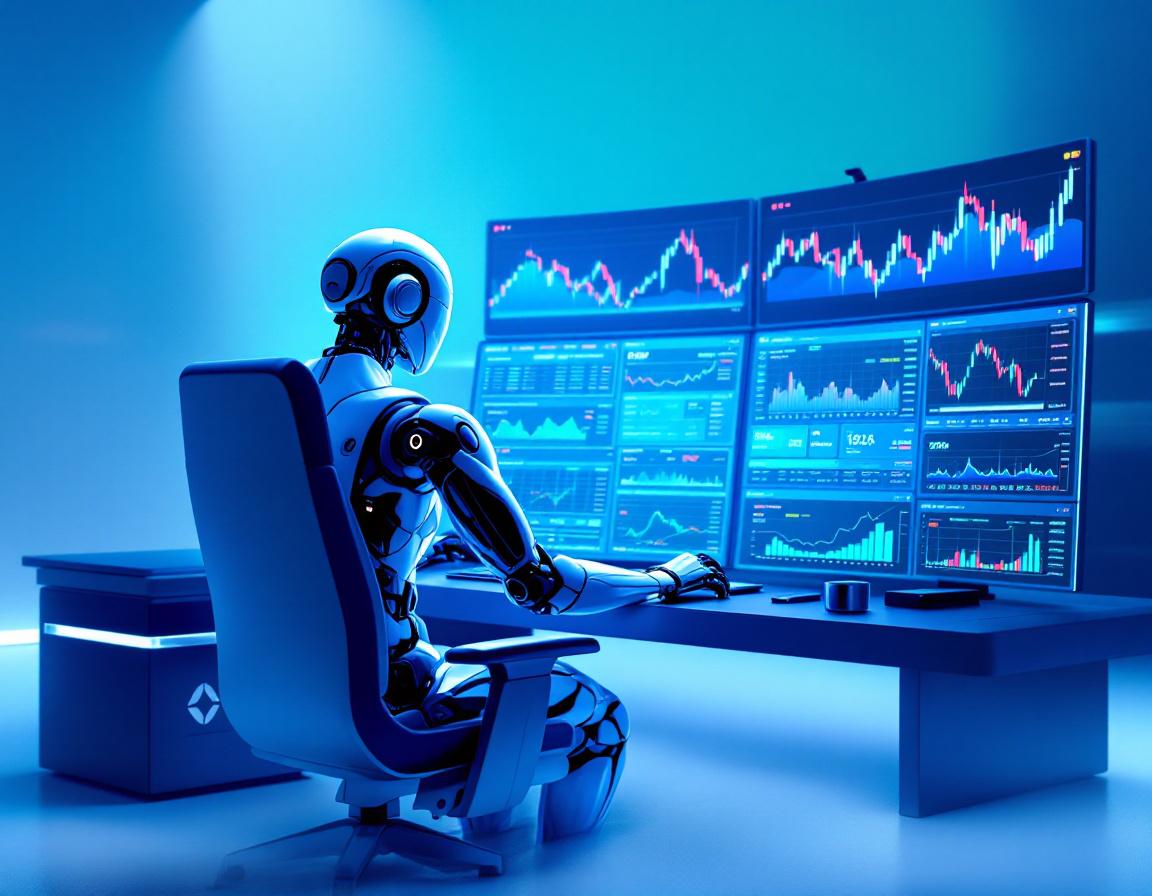 A humanoid AI trading bot analyzes market data at a high-tech workstation with multiple screens.