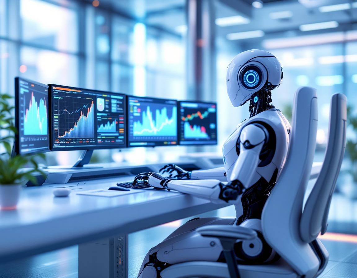 A hyper-realistic AI trading bot at a high-tech workstation analyzing stock and crypto market data.