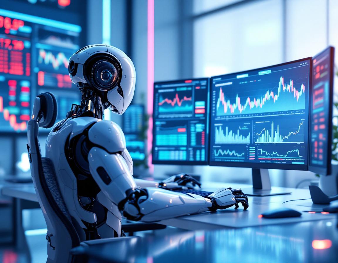 A hyper-realistic AI trading bot in a futuristic setting analyzes market data on multiple screens.