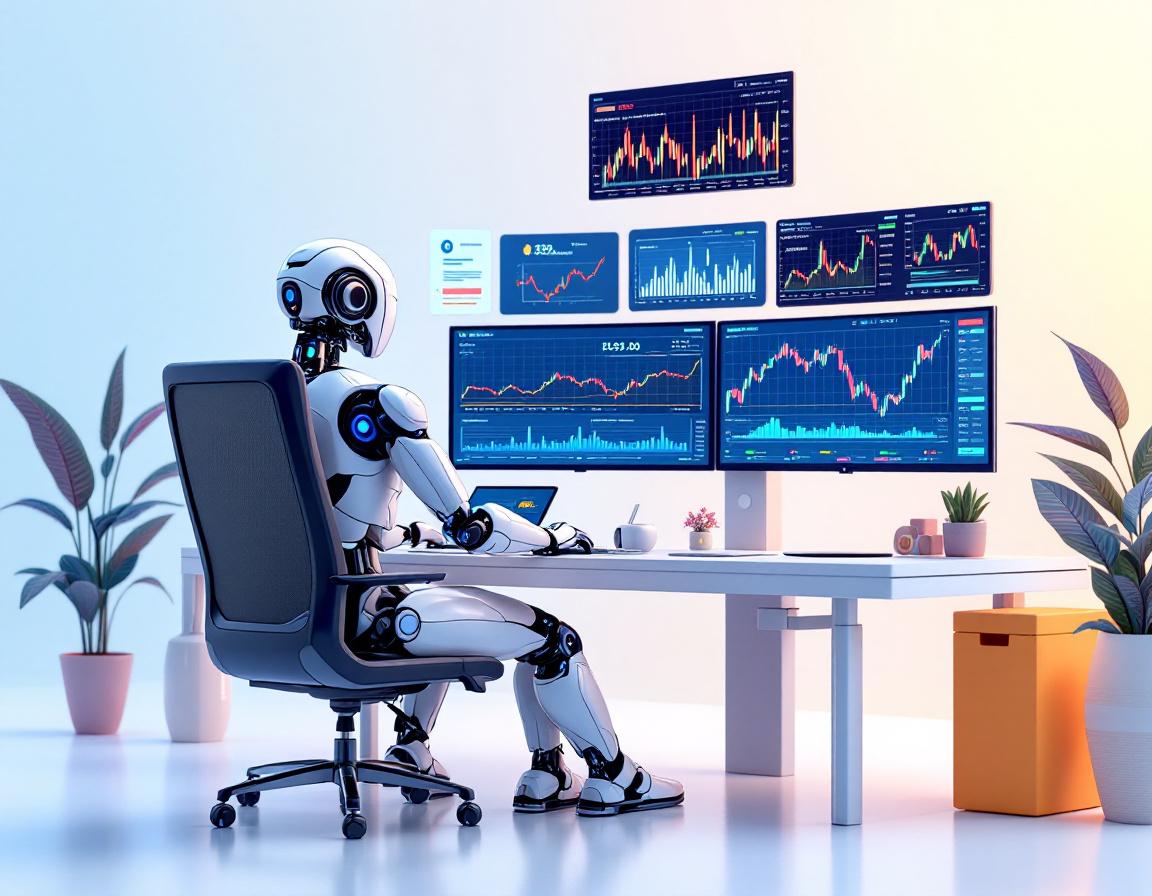 A humanoid AI trading bot analyzes market data at a sleek workstation with multiple glowing screens.