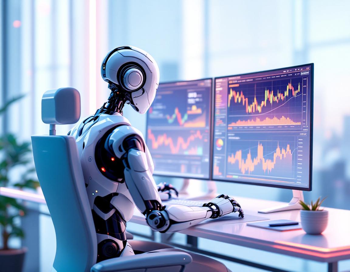 A humanoid AI trading bot in a high-tech workstation, analyzing market data on multiple screens.