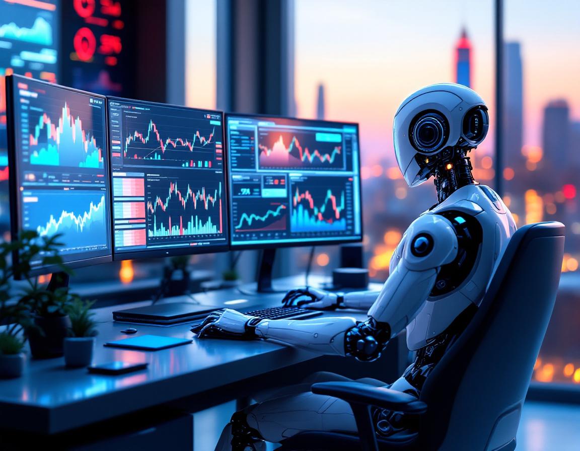 A hyper-realistic AI trading bot at a workstation, analyzing market data across multiple screens.