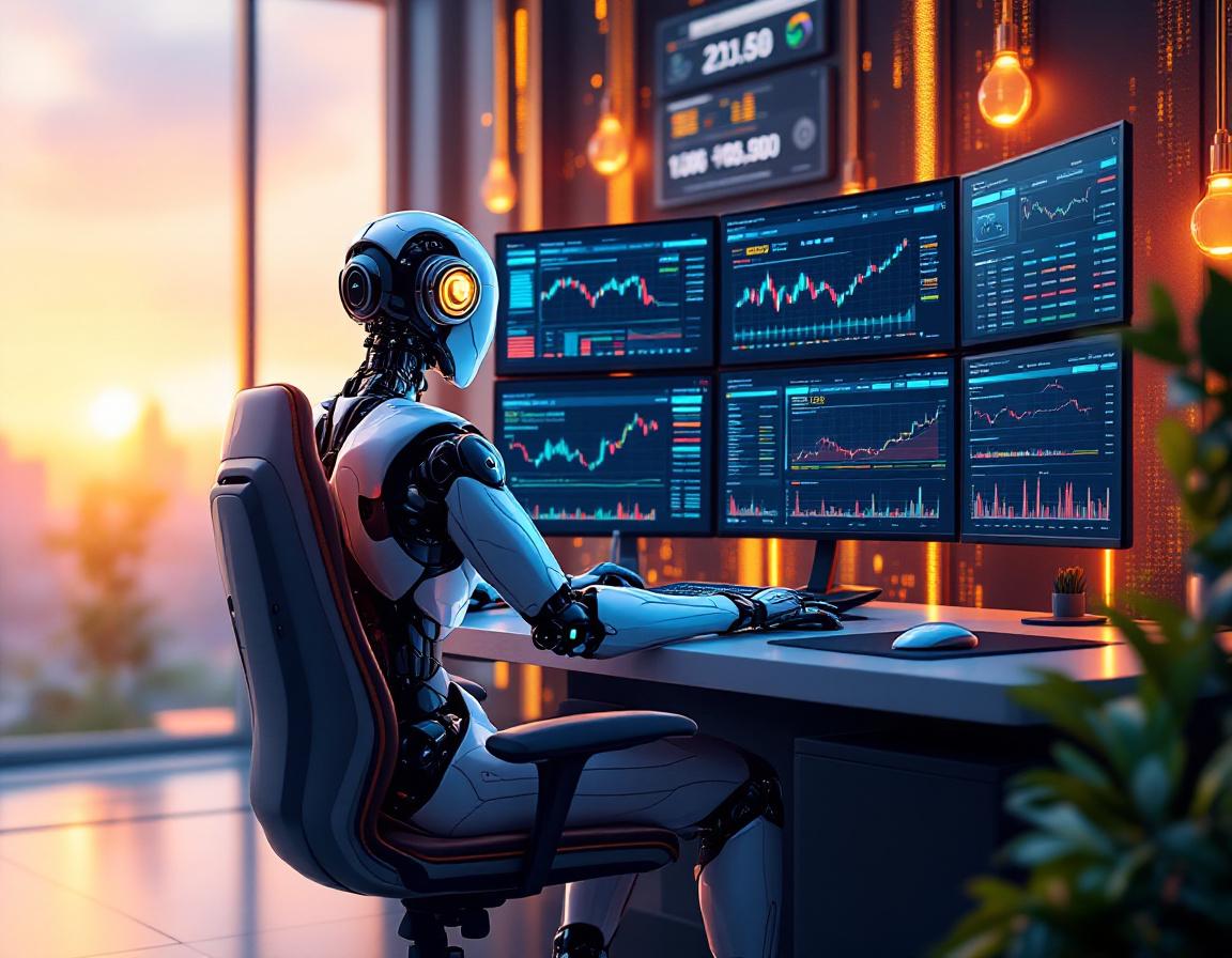A humanoid AI trading bot analyzes market data at a futuristic workstation with multiple screens.