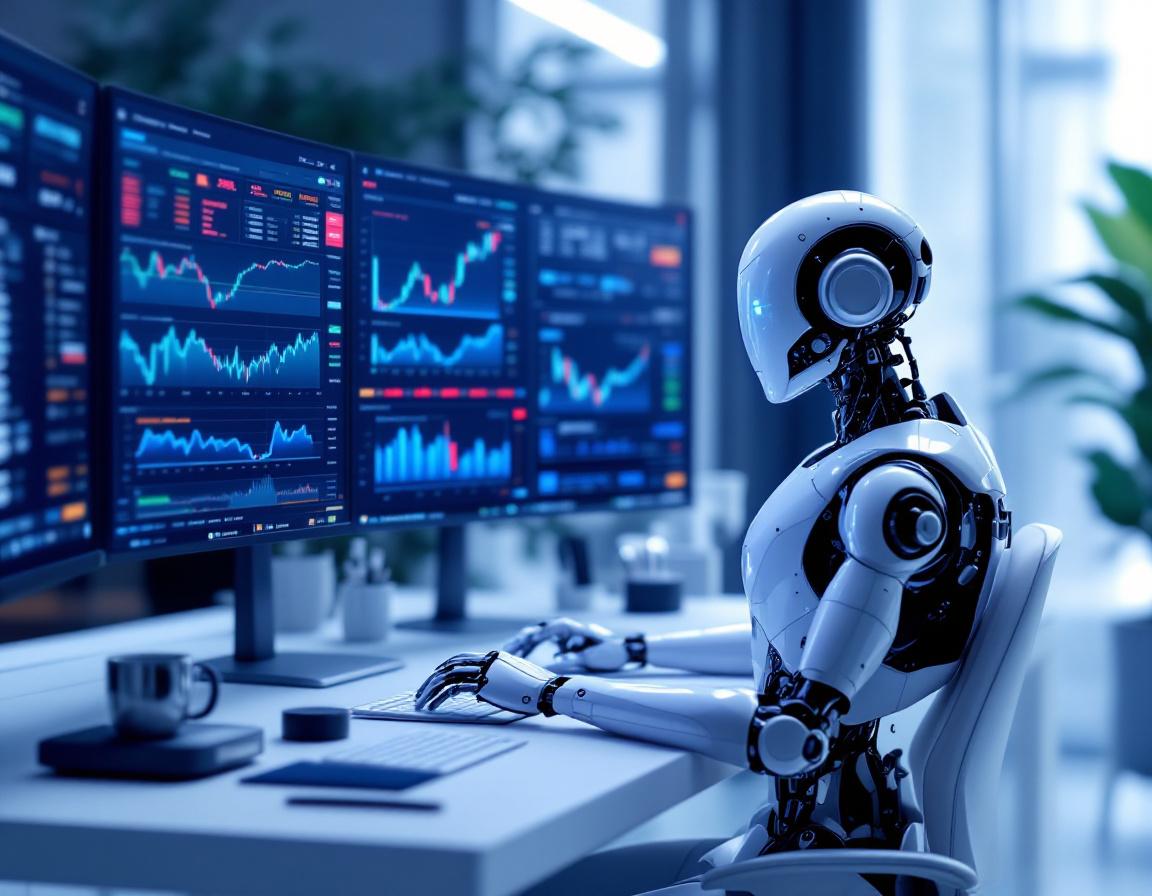 A humanoid AI trading bot at a high-tech workstation analyzing market data on multiple screens.