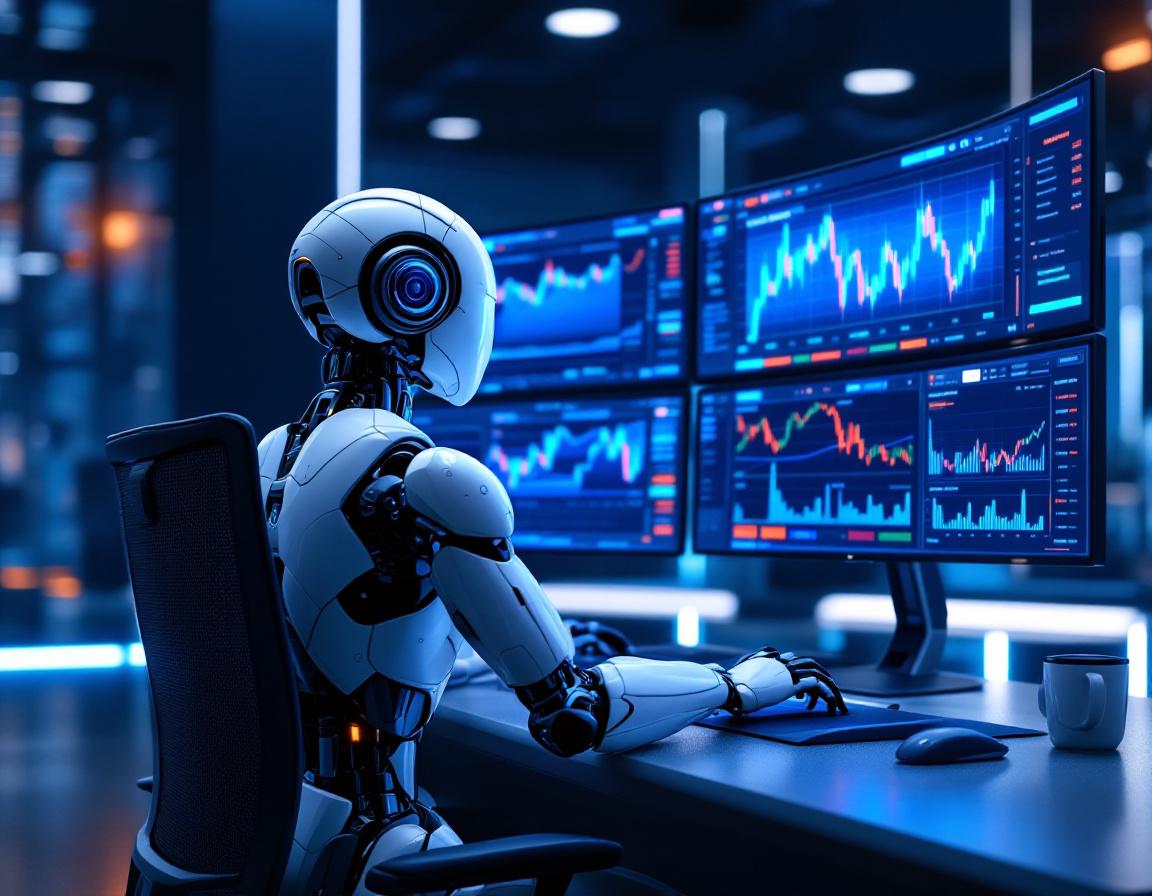 A humanoid AI trading bot at a high-tech workstation analyzing market data on multiple screens.