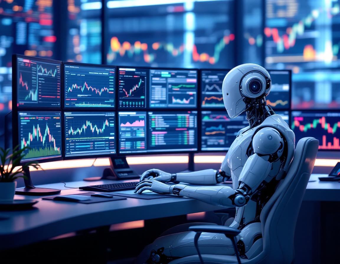 A humanoid AI trading bot analyzes data on multiple screens in a futuristic financial environment.