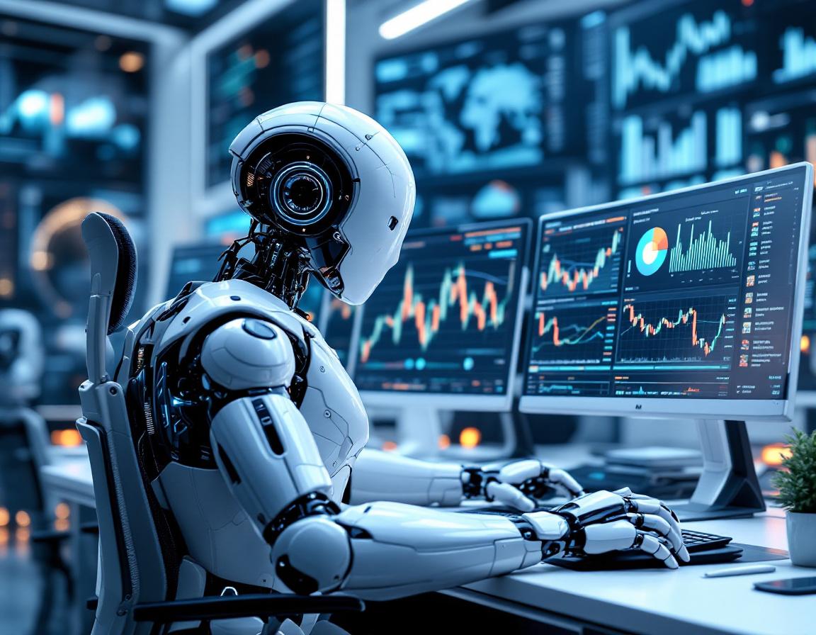 A hyper-realistic AI trading bot at a high-tech workstation analyzing crypto and stock market data.