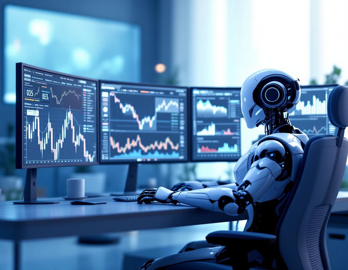 A hyper-realistic AI trading bot analyzes market data on multiple screens in a futuristic setup.