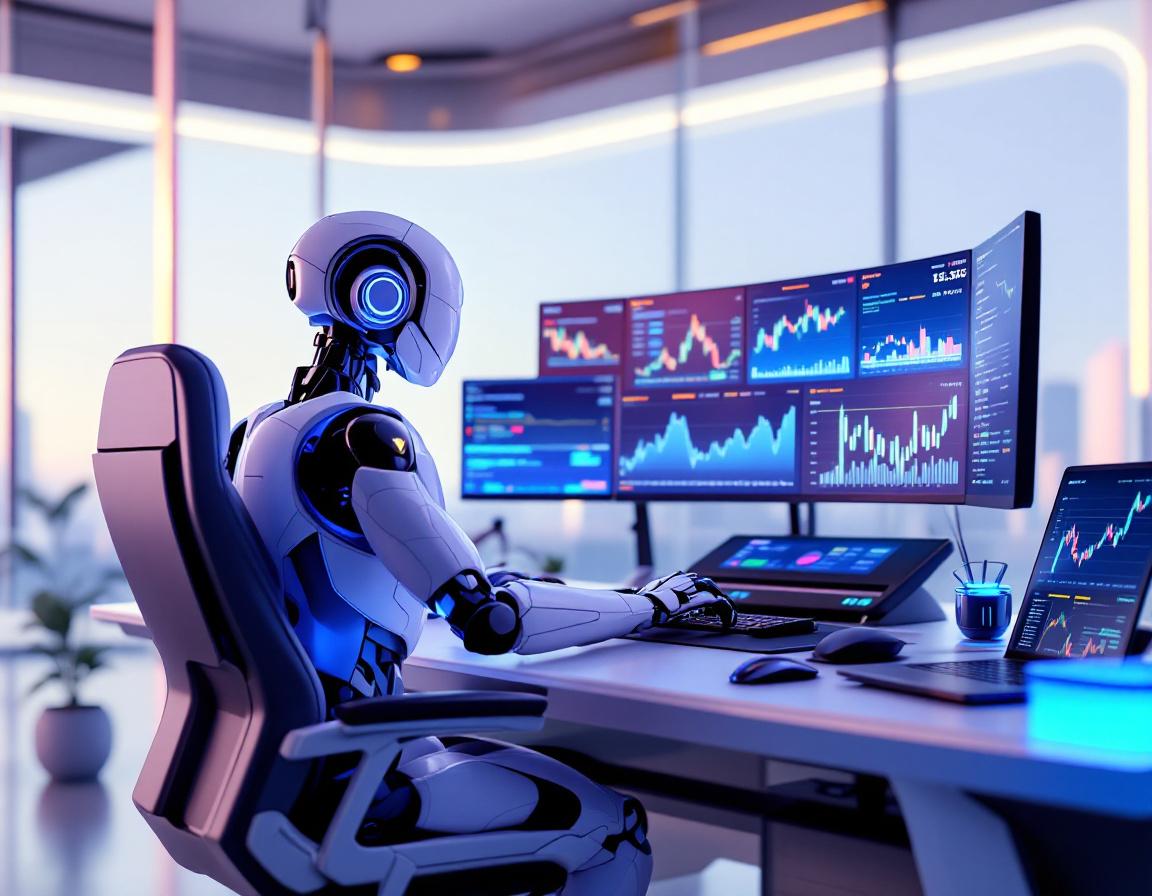 A humanoid AI trading bot at a high-tech workstation analyzing market data across multiple screens.