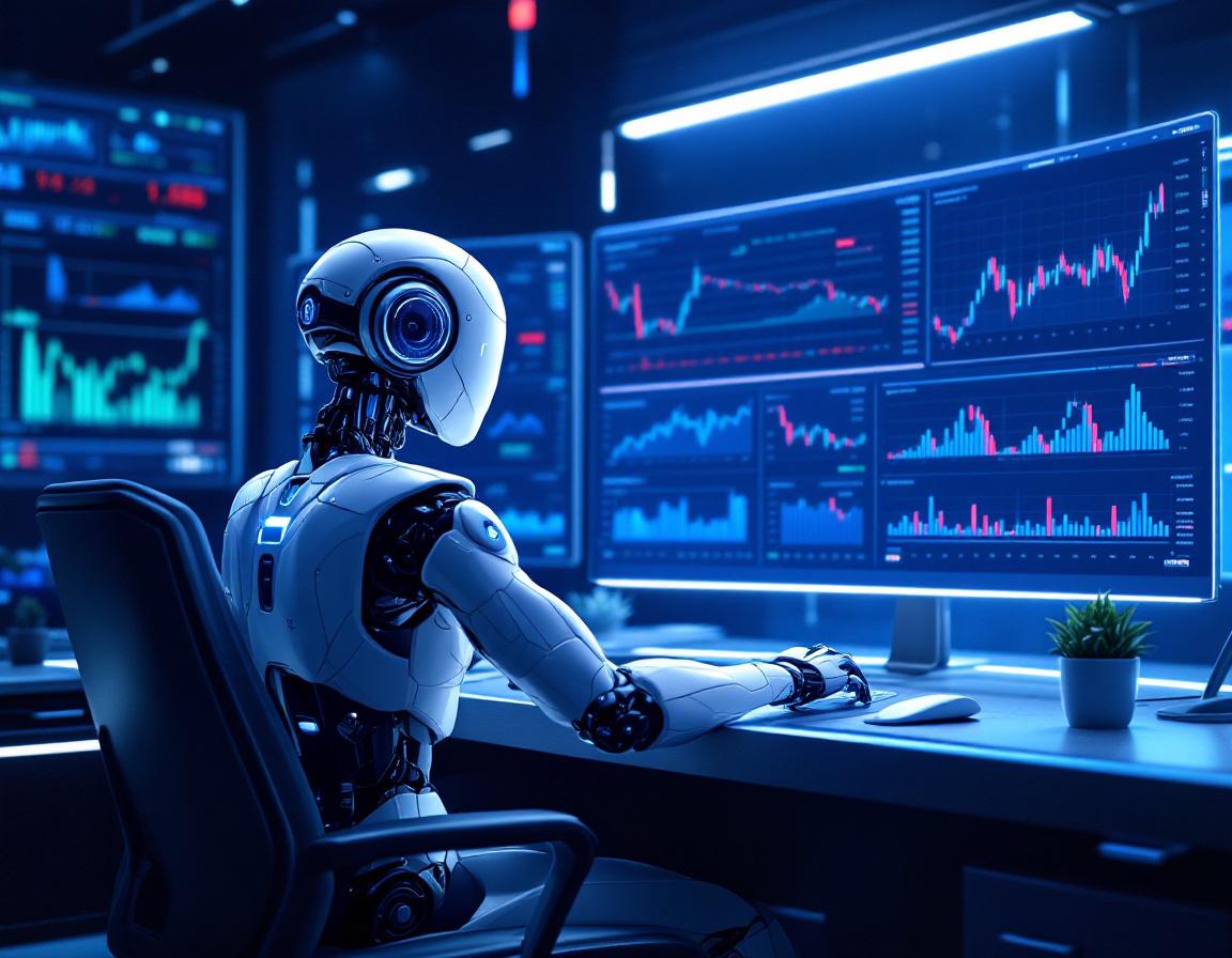 A hyper-realistic AI trading bot operates multiple screens in a sleek, futuristic financial setting.