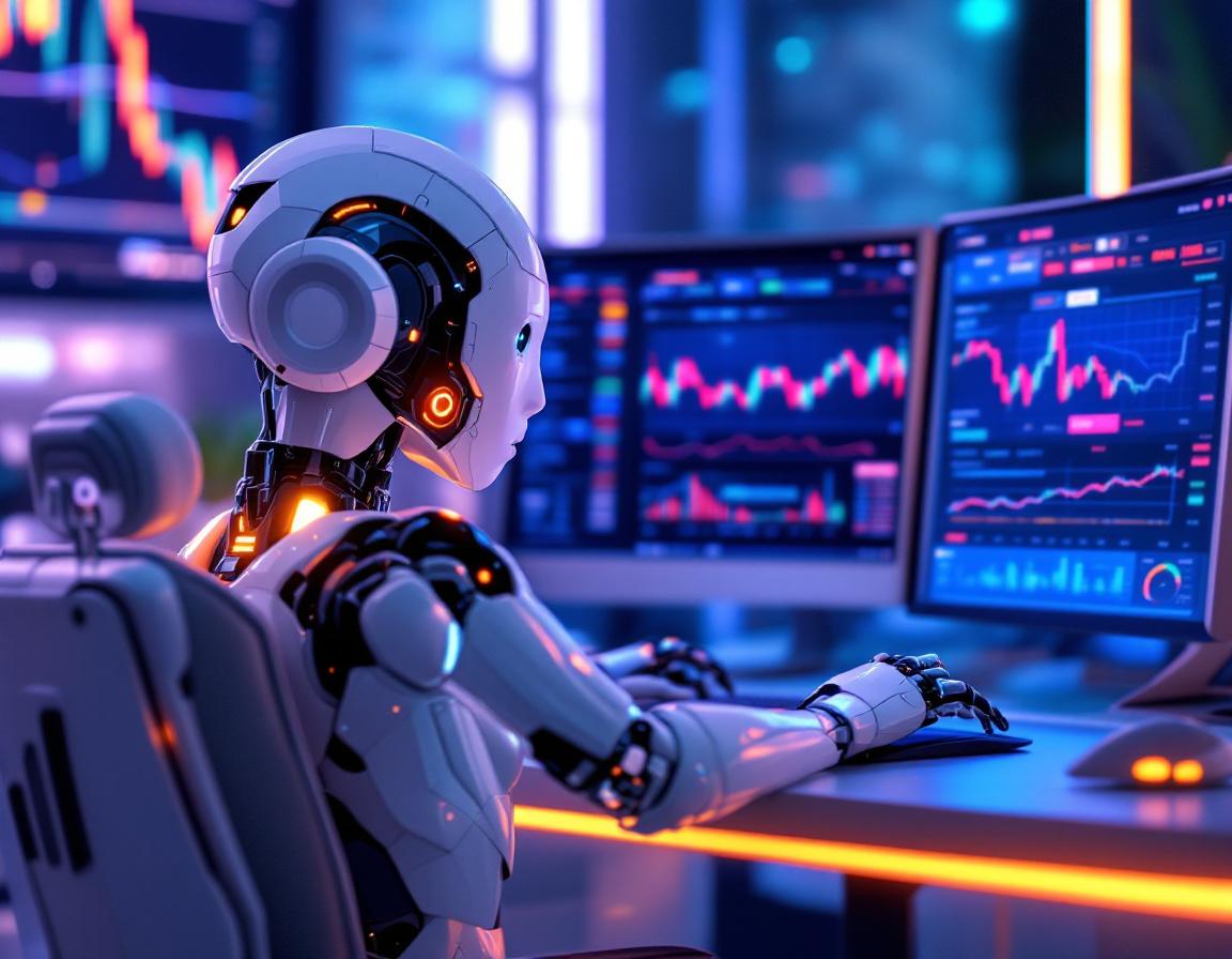 A hyper-realistic AI trading bot at a workstation analyzing market data on multiple digital screens.