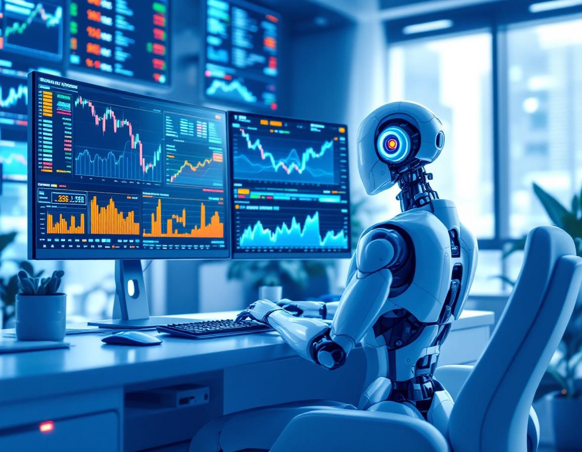 A humanoid AI trading bot at a workstation analyzes market data on screens in a futuristic setting.