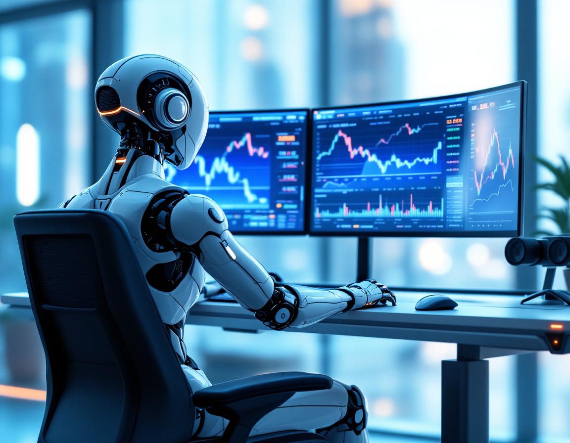 A hyper-realistic AI trading bot at a high-tech workstation analyzing stock and crypto market data.