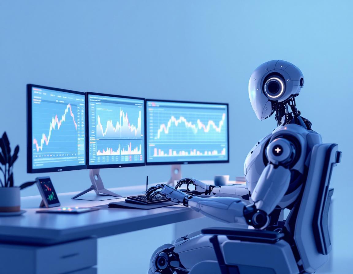 A sleek, humanoid AI trading bot operates multiple screens in a futuristic trading environment.