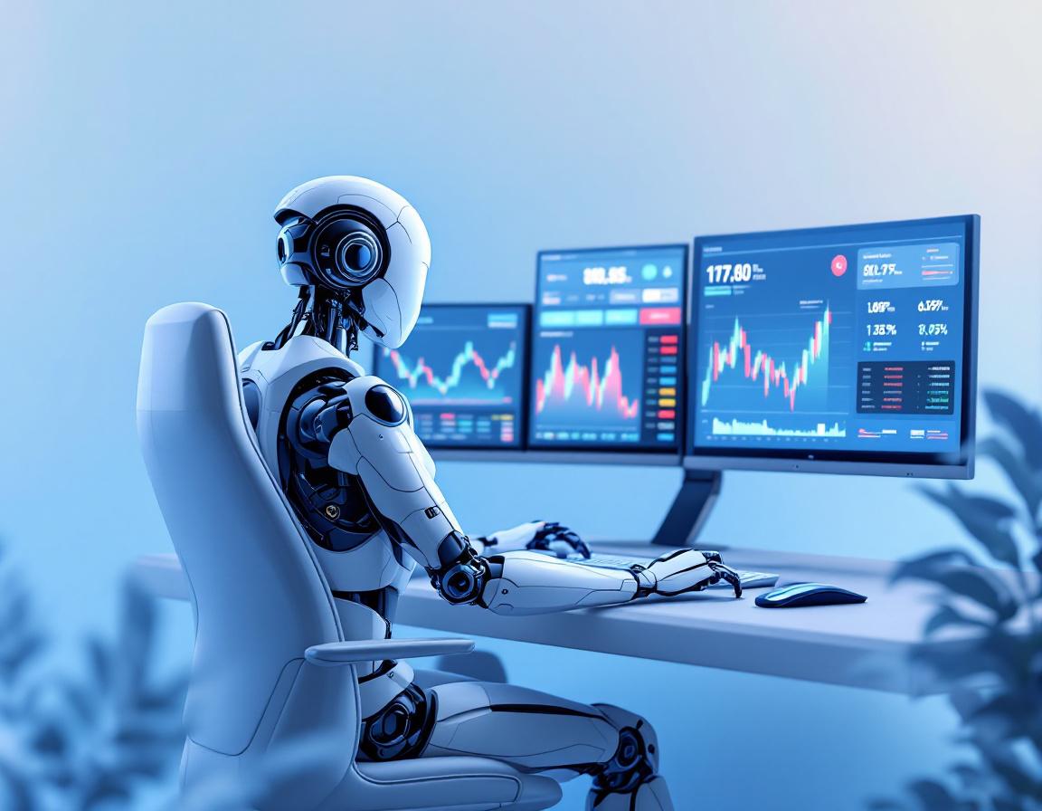 A sleek humanoid AI trading bot at a high-tech workstation analyzing stock and crypto market data.