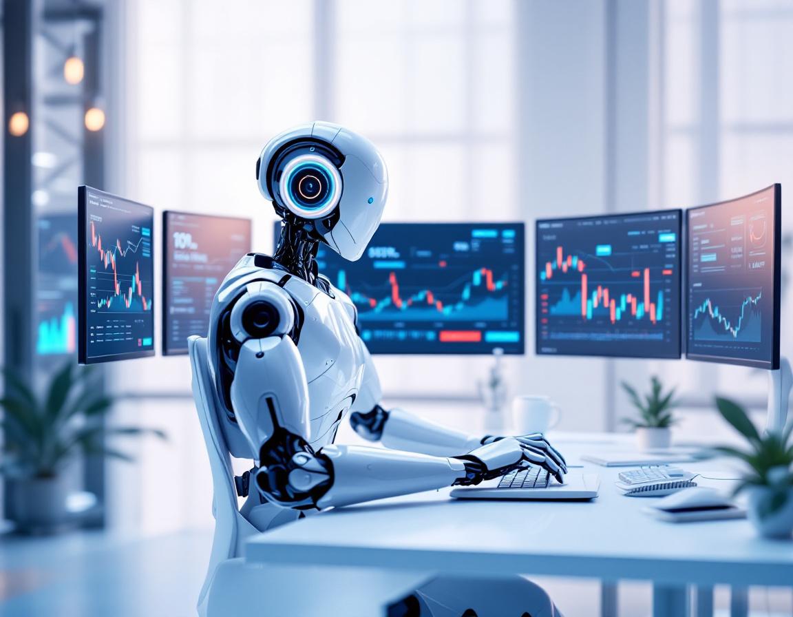 A humanoid AI trading bot works at a futuristic workstation analyzing multiple financial screens.