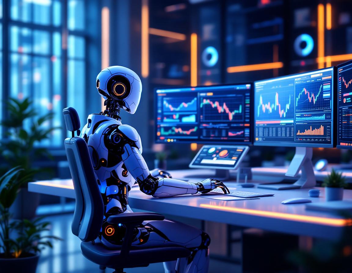 A humanoid AI trading bot analyzes market data at a high-tech workstation with data-rich screens.