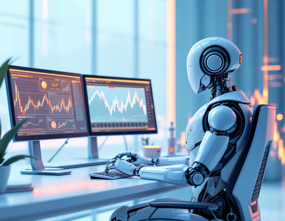 A hyper-realistic AI trading bot at a futuristic workstation analyzing crypto and stock market data.