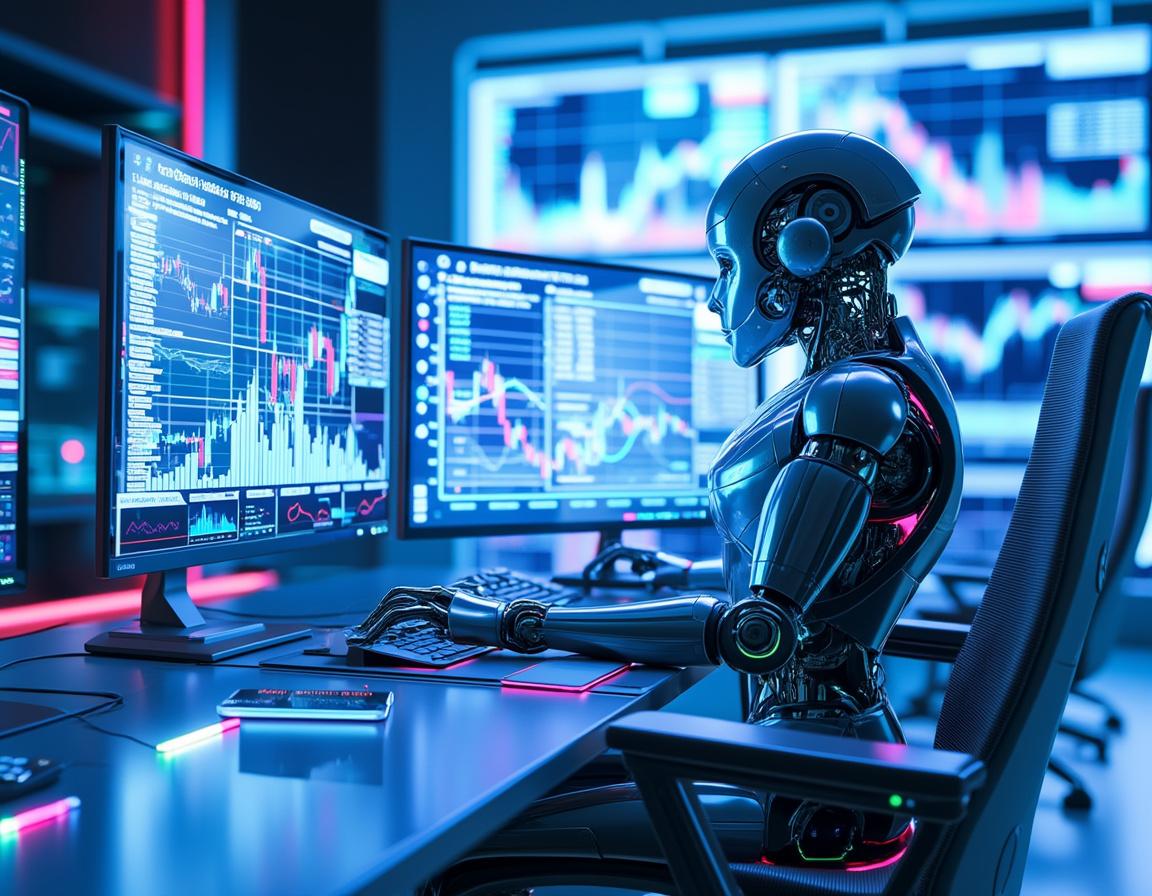 A hyper-realistic AI trading bot at a futuristic workstation, analyzing data on multiple screens.