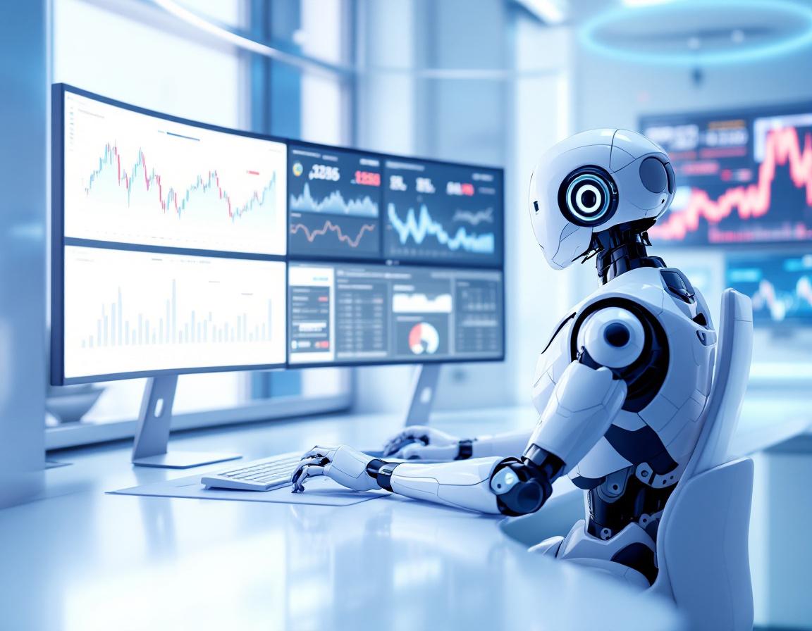 A hyper-realistic AI trading bot at a workstation, analyzing crypto market data on multiple screens.